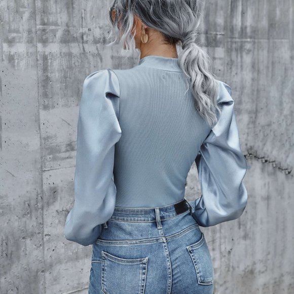 Modern Girl Blue Blouse top with Satin Sleeve - Picture 4 of 4